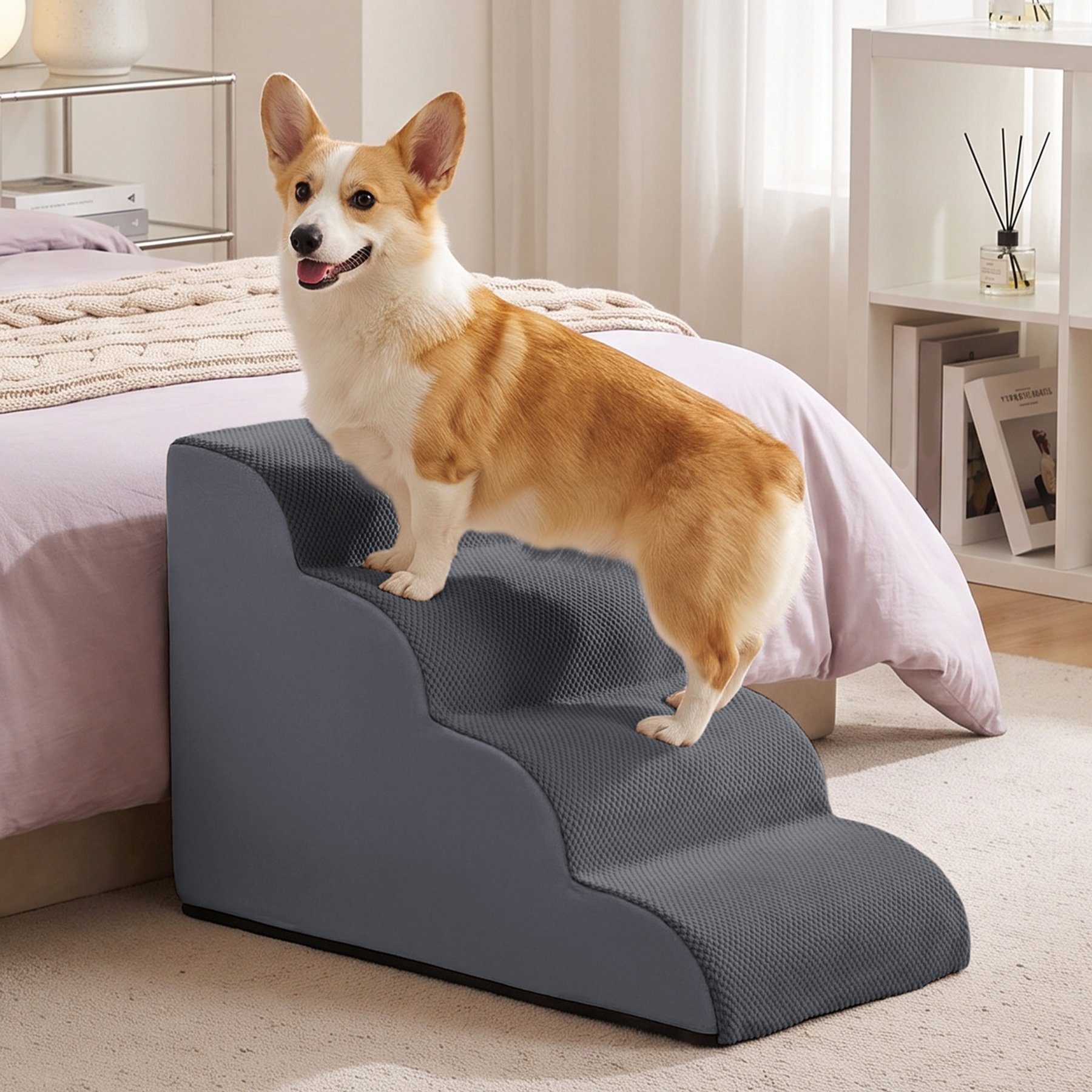 TSCOMON 4 Step Ramp for Couch Curved Stable Short-Legged, Non-Slip Ladder Dog & Cat Stairs, Deep Gray, 20.47 x 28.35 x 15.7-in