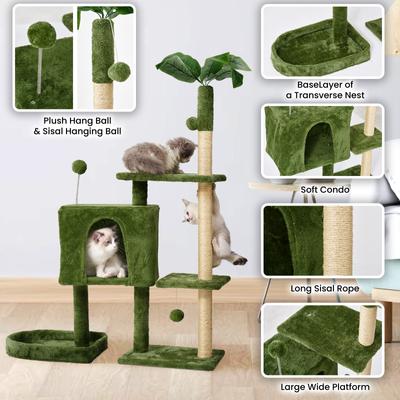 Show full view: TSCOMON 52-in Plush Cat Tree with Hammock, Toy & Sisal Scratching Post, Green slide 3 of 7