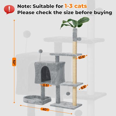 Show full view: TSCOMON 52-in Plush Cat Tree with Hammock, Toy & Sisal Scratching Post, Light Grey slide 2 of 6