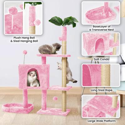 Show full view: TSCOMON 52-in Plush Cat Tree with Hammock, Toy & Sisal Scratching Post, Pink slide 3 of 7