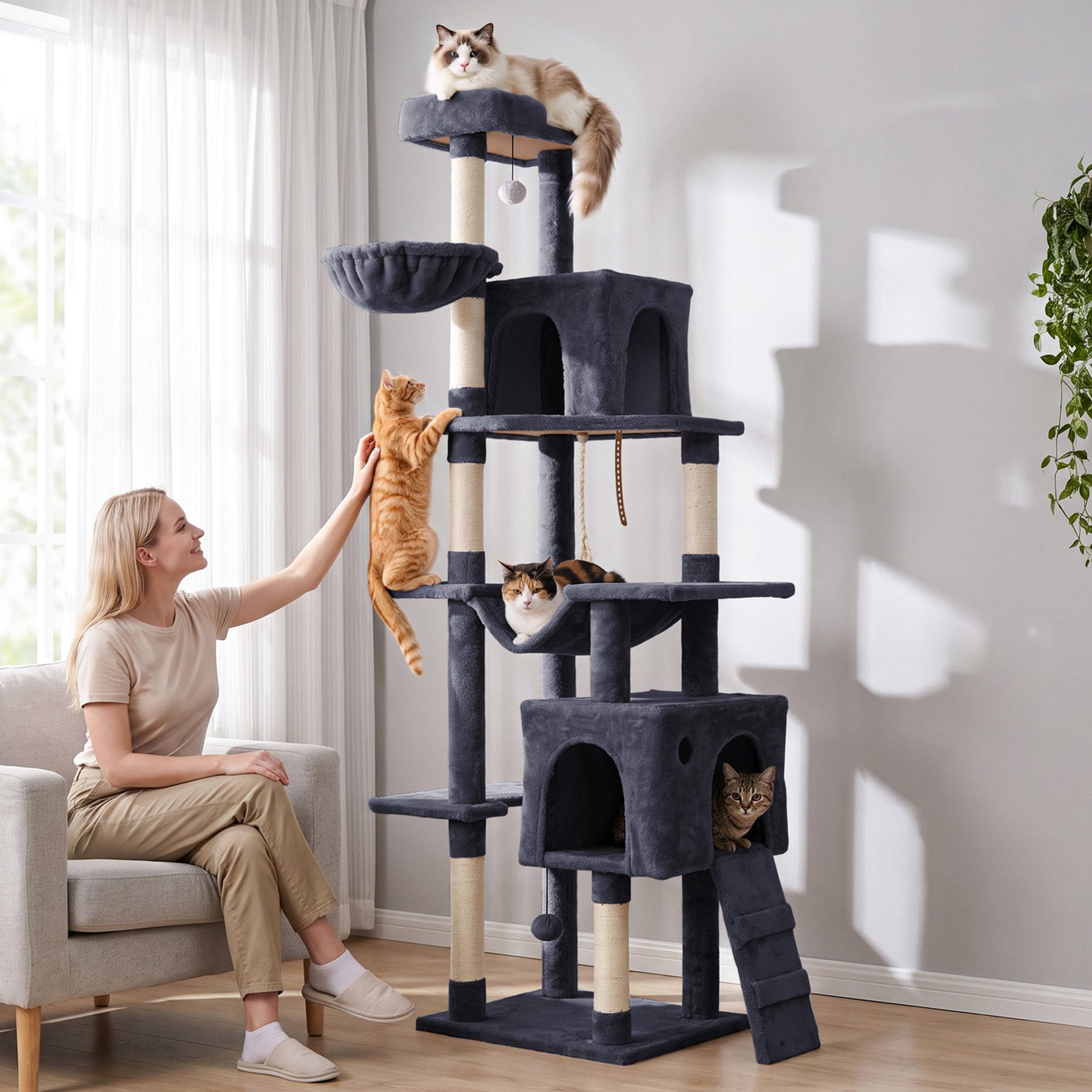 TSCOMON Multi Level Basket 70.1-in Polyester Plush Condo Cat Scratching Post, Deep Grey