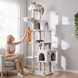 TSCOMON Multi Level Basket 70.1-in Polyester Plush Condo Cat Scratching Post, Light Grey