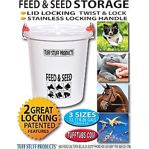 Tuff Stuff Products HD Feed & Seed Storage with Lid Stainless Lock Handle Pat Pend Farm Animal Feeder, 12-gal