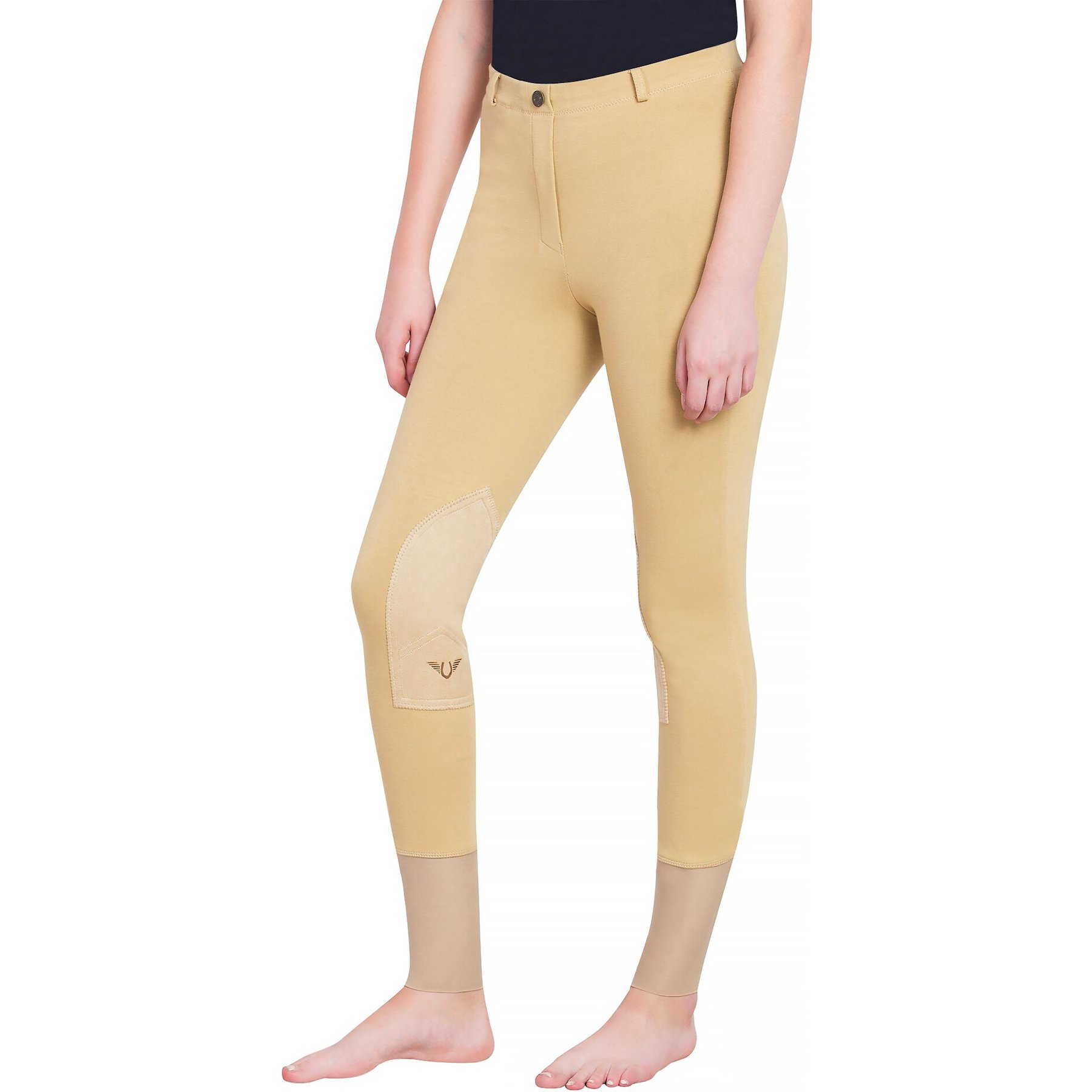 TuffRider Ladies Starter Lowrise Pull-On Knee Patch Breeches, Light Tan, 26