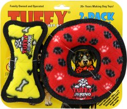 Tuffy's Jr Bone, Yellow & Jr Ring, Red Plush Dog Toys, 2 count