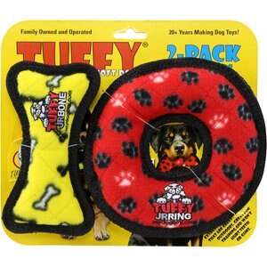Tuffy's Jr Bone, Yellow & Jr Ring, Red Plush Dog Toys, 2 count