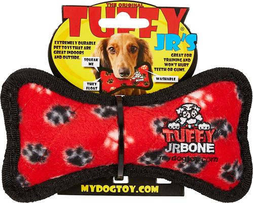 Show full view: Tuffy's Junior Bone Squeaky Plush Dog Toy, Red Paws slide 4 of 6