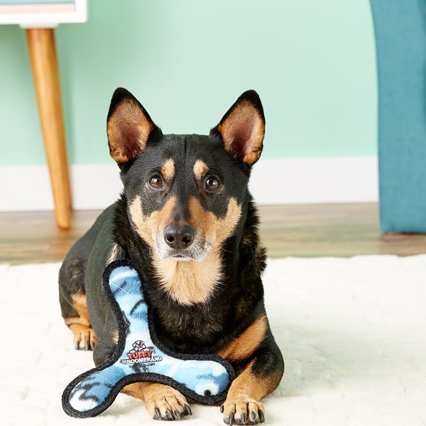 Show full view: Tuffy's Junior Bowmerang Squeaky Plush Dog Toy, Camo Blue slide 5 of 7
