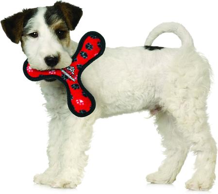 Show full view: Tuffy's Junior Bowmerang Squeaky Plush Dog Toy, Red Paws slide 3 of 10