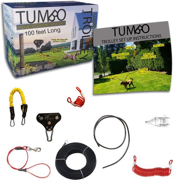 Tumbo Trolley Dog Stretching coil cable with ANTI-SHOCK bungee Aerial Dog Tie Out, Red