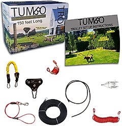 Tumbo Trolley Dog Xtreme Stretching Coil Cable with Anti-Shock Bungee Aerial Dog Tie Out, Black, 150-ft