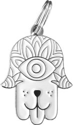 Two Tails Pet Company Hamsa Brass Non-Personalized Dog ID Tag, White/Silver