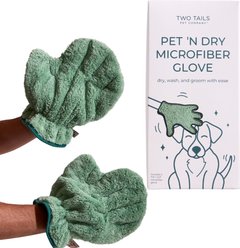 Two Tails Pet Company Premium Microfiber Drying Dog Grooming Gloves, Green, 2 count