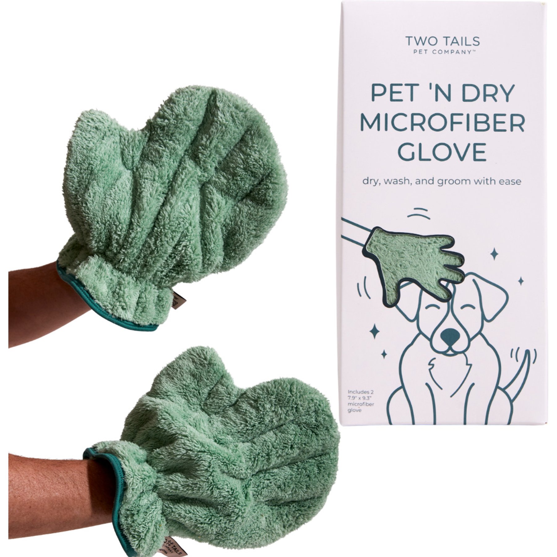 Two Tails Pet Company Premium Microfiber Drying Dog Grooming Gloves, Green, 2 count