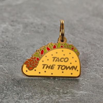 Show full view: Two Tails Pet Company Taco the Town Brass Non-Personalized Dog & Cat ID Tag, Brown slide 4 of 5