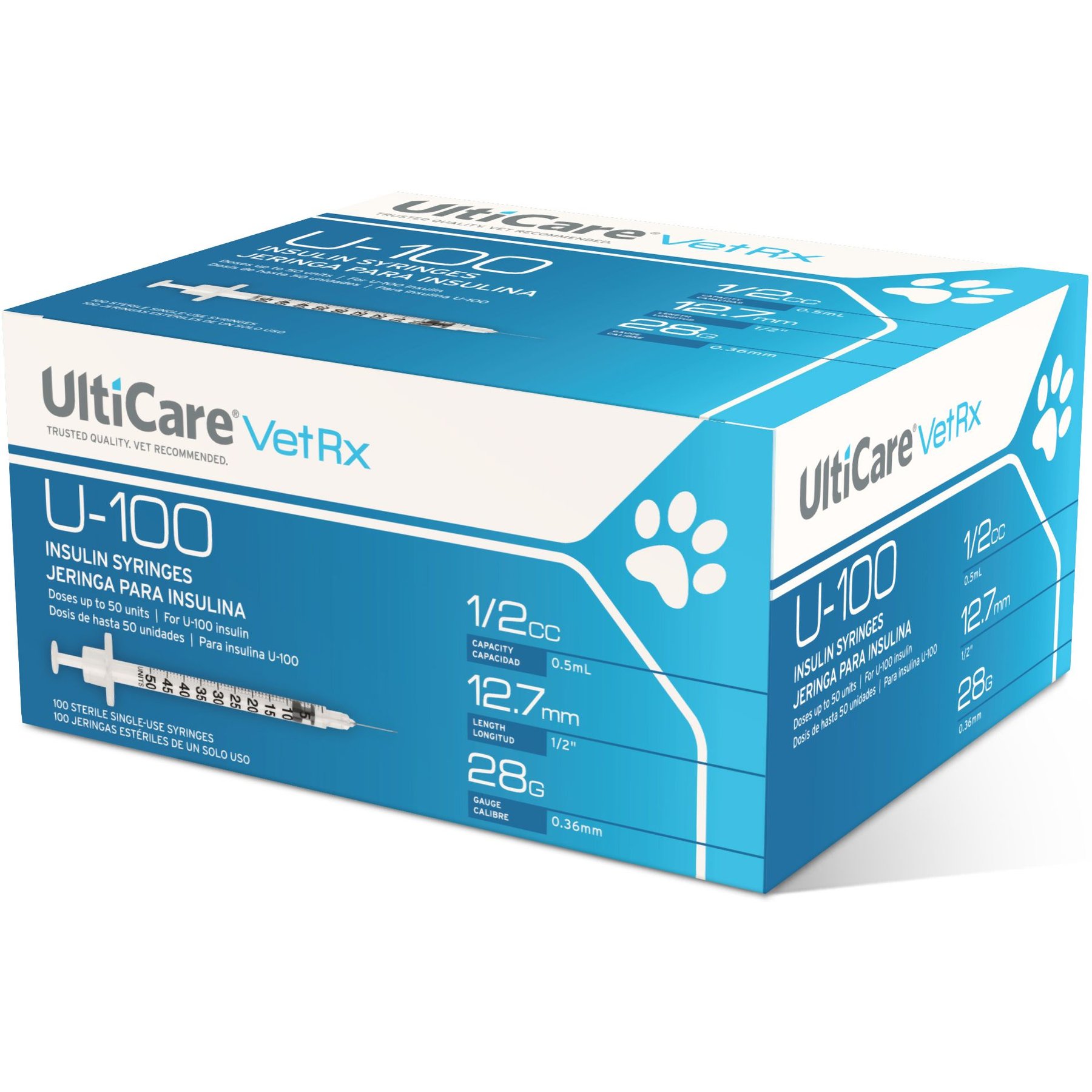 UltiCare VetRx Insulin Syringes U-100 12.7mm x 28G, 0.5-cc, 100 syringes