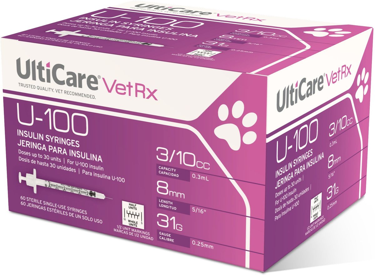 UltiCare VetRx Insulin Syringes U-100 8mm x 31G with 1/2 Unit Markings