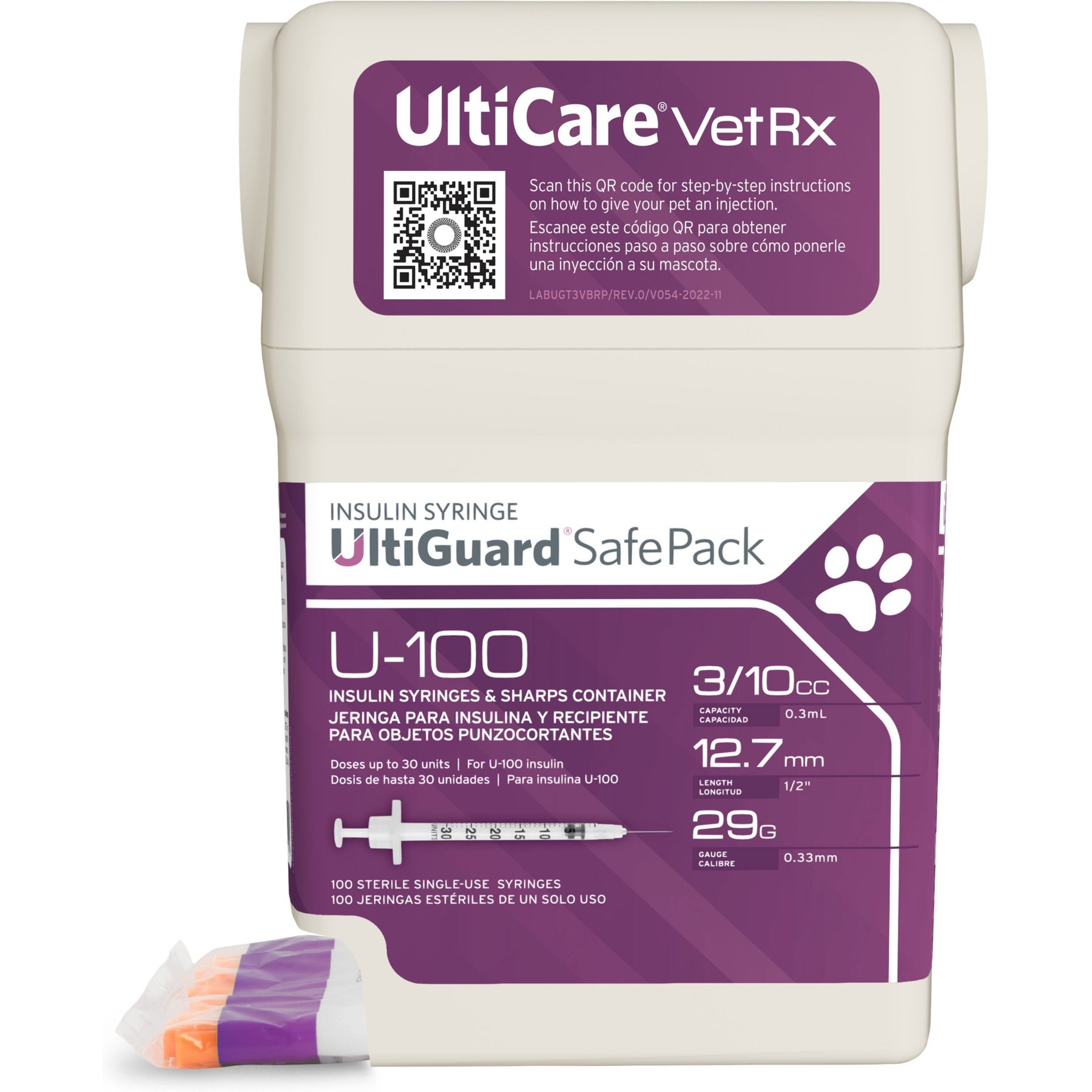 UltiCare VetRx UltiGuard SafePack Insulin Syringes & Sharps Container U-100 12.7mm x 29G, 0.3-cc, 100 syringes