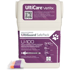 UltiCare VetRx UltiGuard SafePack Insulin Syringes & Sharps Container U-100 8mm x 31G with 1/2 Unit Markings, 0.3-cc, 100 syringes