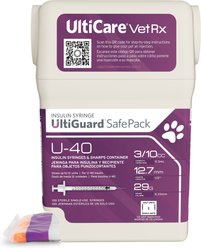 UltiCare VetRx UltiGuard SafePack Insulin Syringes and Sharps Container U-40 12.7mm x 29G with 1/2 Unit Markings, 0.3-cc, 100 syringes