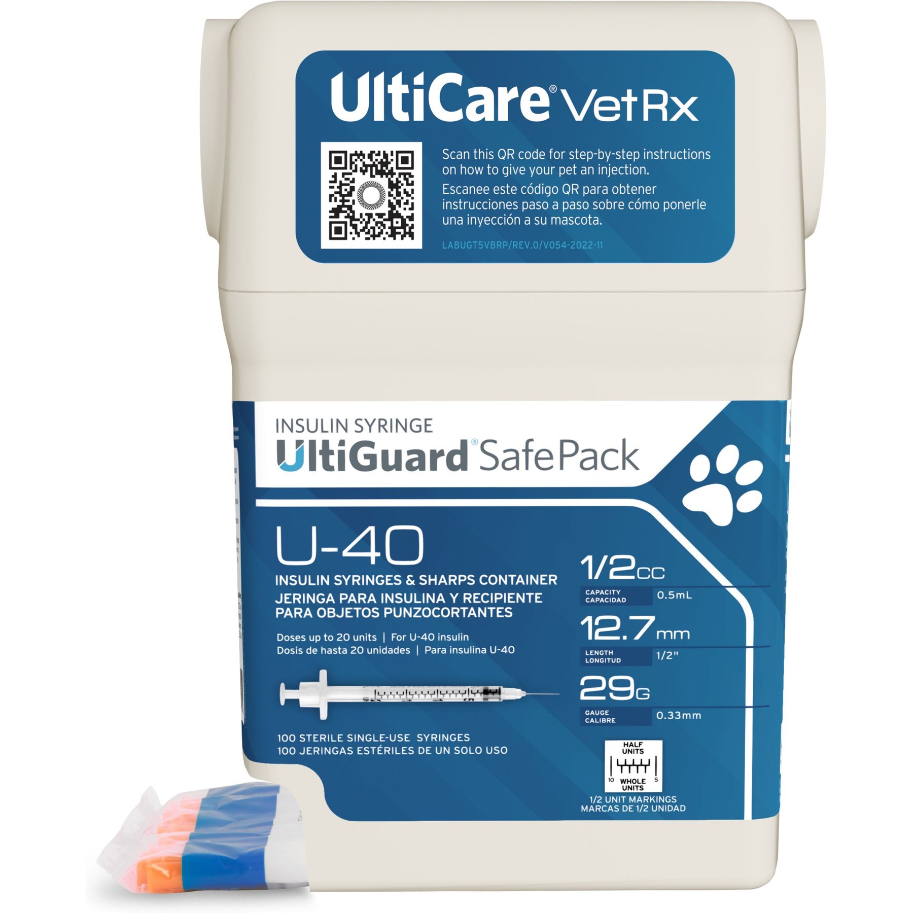 UltiCare VetRx UltiGuard SafePack Insulin Syringes & Sharps Container U-40 12.7mm x 29G with 1/2 Unit Markings, 0.5-cc, 100 syringes