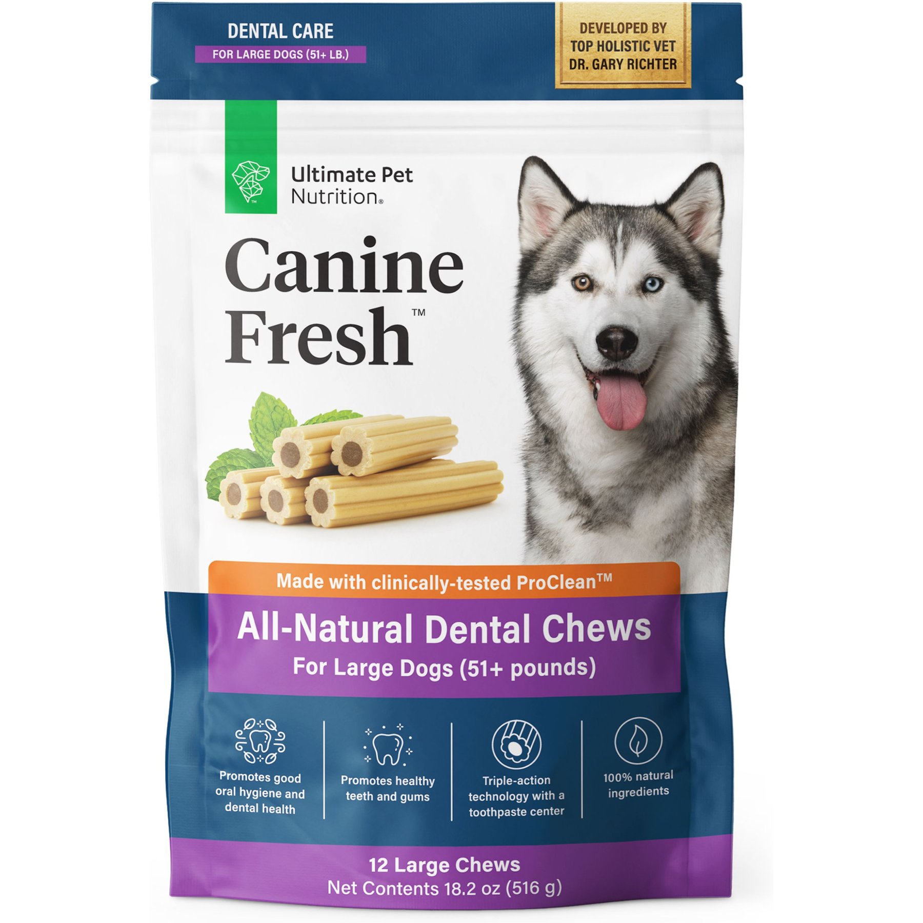 Ultimate Pet Nutrition Canine Fresh All-Natural Grain-Free Pork Adult Dental Dog Chews, Large, 12 count