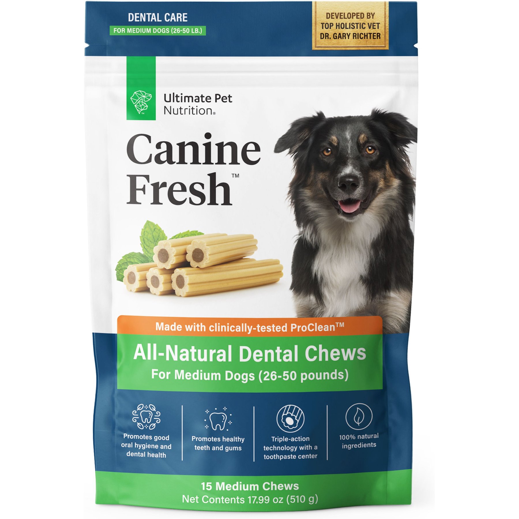 Ultimate Pet Nutrition Canine Fresh All-Natural Grain-Free Pork Adult Dental Dog Chews, Medium, 15 count