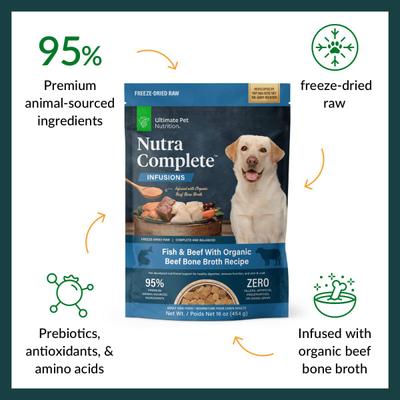 Show full view: Ultimate Pet Nutrition Nutra Complete Plus Bone Broth Fish & Beef Grain-Free Freeze-Dried Raw Dog Food, 16-oz bag slide 4 of 9