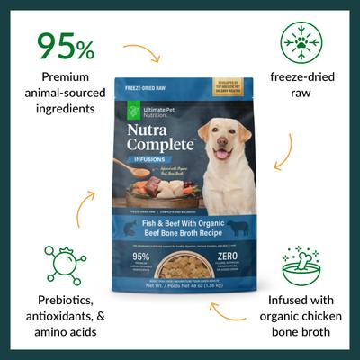 Show full view: Ultimate Pet Nutrition Nutra Complete Plus Bone Broth Fish & Beef Grain-Free Freeze-Dried Raw Dog Food, 48-oz bag slide 4 of 9