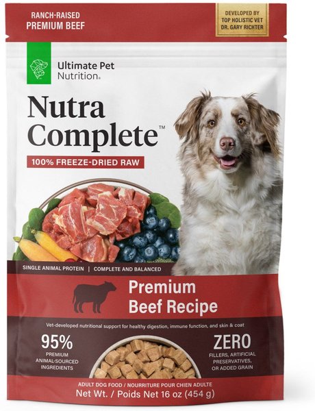 Ultimate Pet Nutrition Nutra Complete Premium Beef Freeze-Dried Raw Dog Food.