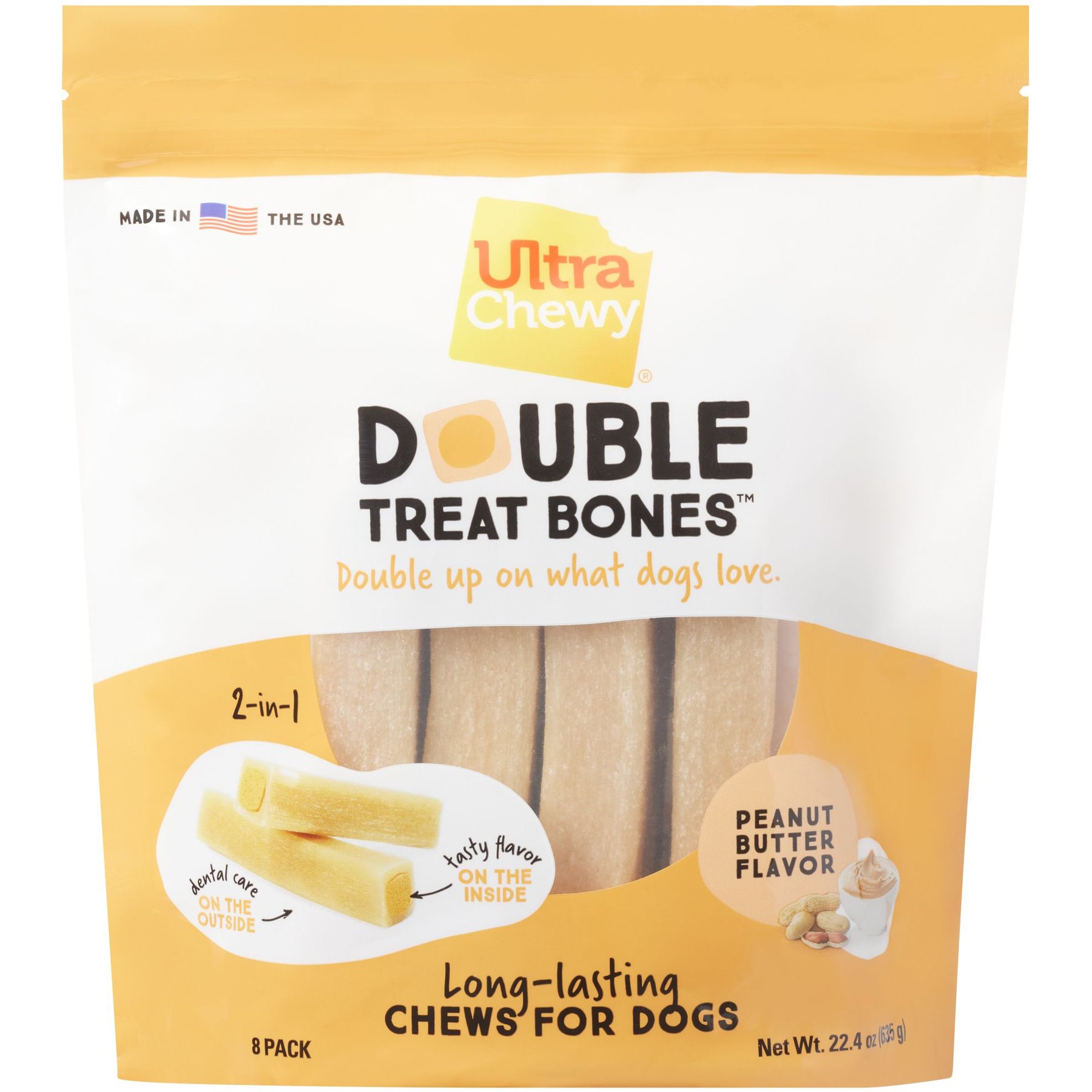 Ultra Chewy Double Treat Bone Peanut Butter Flavor Dog Treats, 8 count