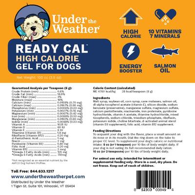 Show full view: Under the Weather Ready Cal High Calorie Food Nutritional Gel Dog Supplement, 100-cc syringe slide 3 of 8