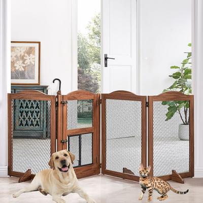 Show full view: Unipaws 4 Panel Wire Mesh Dog & Cat Gate with Small Pet Door, Walnut, Large slide 3 of 8
