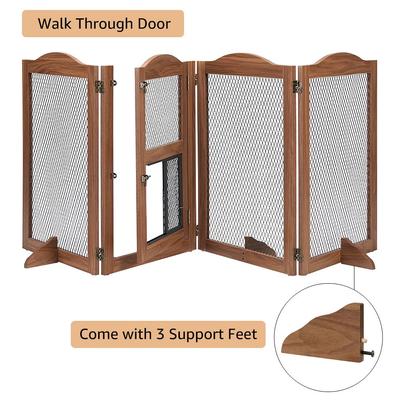 Show full view: Unipaws 4 Panel Wire Mesh Dog & Cat Gate with Small Pet Door, Walnut, Large slide 5 of 8