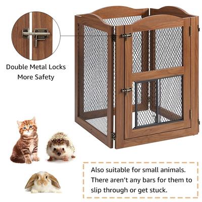 Show full view: Unipaws 4 Panel Wire Mesh Dog & Cat Gate with Small Pet Door, Walnut, Large slide 6 of 8