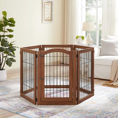 Show full view: Unipaws 6 Panel Freestanding Wooden Wire Dog & Cat Gate, Walnut, Large slide 2 of 7