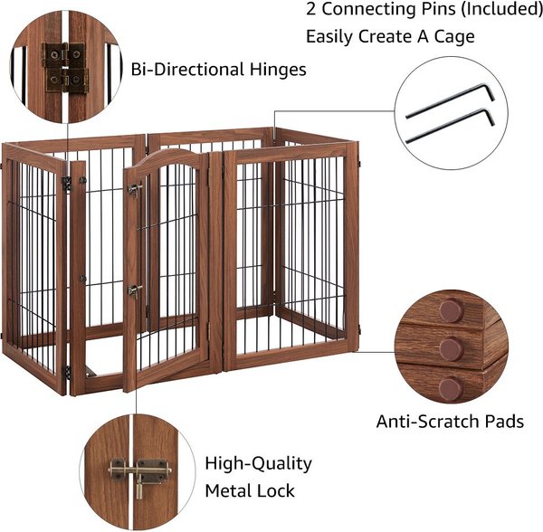 Unipaws 6 Panel Freestanding Wooden Wire Dog & Cat Gate, Walnut, Large