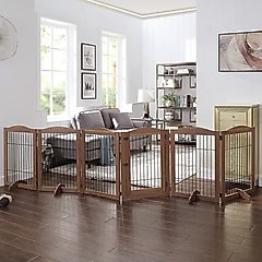 Unipaws 6 Panel Wire Dog Playpen Freestanding Pet Gate, Walnut, Medium
