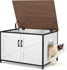 Unipaws Cat Litter Box Enclosure with Top Opening, Large, White & Walnut