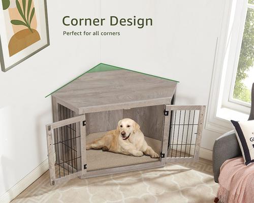 Show full view: Unipaws Furniture Corner Dog Crate with Cushion, Weathered Grey, Large slide 2 of 8