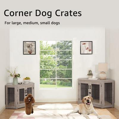 Unipaws Furniture Corner Dog Crate with Cushion, Weathered Grey