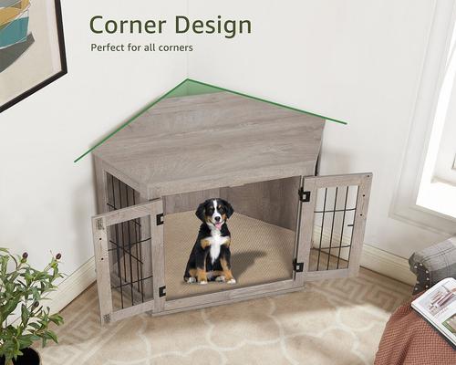 Show full view: Unipaws Furniture Corner Dog Crate with Cushion, Weathered Grey, Medium slide 3 of 9