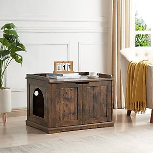 Unipaws Furniture Enclosure Decorative Storage Bench Cat Litter Box, Rustic Brown
