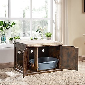 Unipaws Furniture Enclosure Decorative Storage Bench Cat Litter Box, Rustic Brown