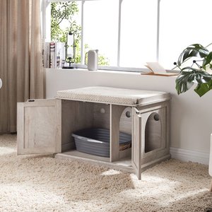 Unipaws Furniture Enclosure Decorative Storage Bench Cat Litter Box, Weathered Grey