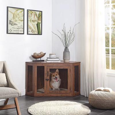 Show full view: Unipaws Furniture Style Corner Dog Crate, Walnut, Medium slide 1 of 8