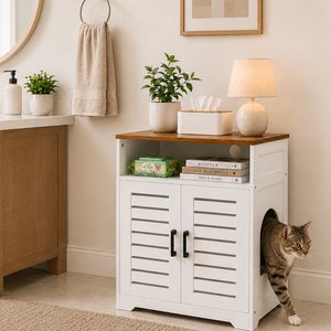 Unipaws Louver Door Cat Litter Box Enclosure, White