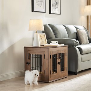 Unipaws Wooden Wire Furniture End Table Dog Crate, Walnut, Small