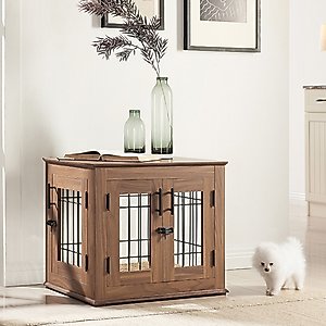 Unipaws Wooden Wire Furniture End Table Dog Crate, Walnut, Small