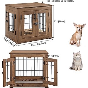 Unipaws Wooden Wire Furniture End Table Dog Crate, Walnut, Small